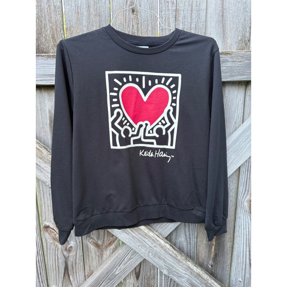 Keith Haring Heart Graphic Sweatshirt Black Crewneck Pullover Medium Pop Art